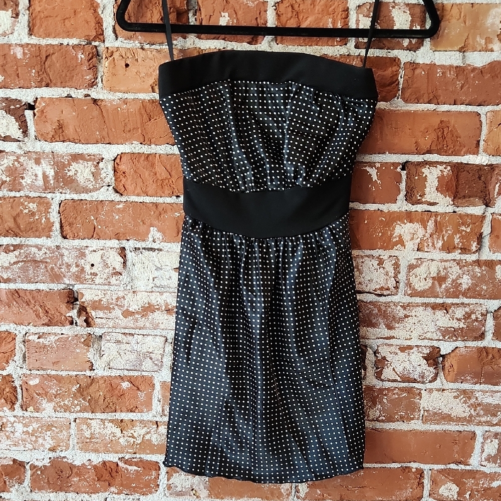 Elegant Black Satin Strapless Polka Dot Tunic